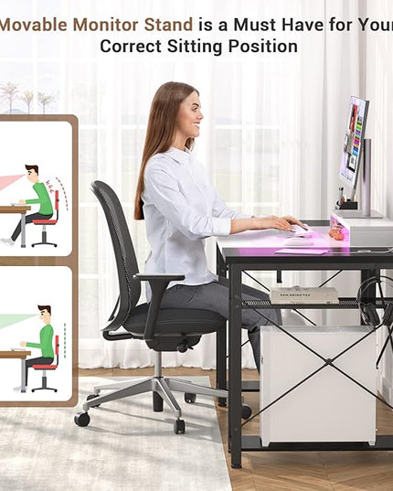 armocity Computer Desk with LED Lights, 55 Inch Desk with Power Outlet and USB, Reversible Large Desk with Moveable Monitor Stand, 55.2'' Gaming PC Table for Home Office, Workstation, White and Black - LeafyLoom
