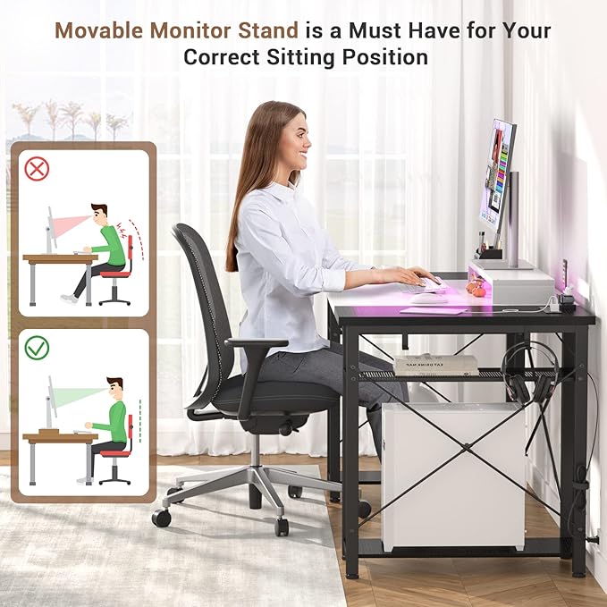 armocity Computer Desk with LED Lights, 48 Inch Desk with Power Outlet and USB, Reversible Large Desk with Moveable Monitor Stand, 48'' Gaming PC Table for Home Office, Workstation, White and Black - LeafyLoom