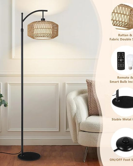 Arc Floor Lamps for Living Room, Dimmable Rattan Floor Lamp with Remote & LED Bulb, Mid Century Modern Standing Lamp with Double Shades, Boho Farmhouse Tall Pole Lamps for Bedroom Office - LeafyLoom