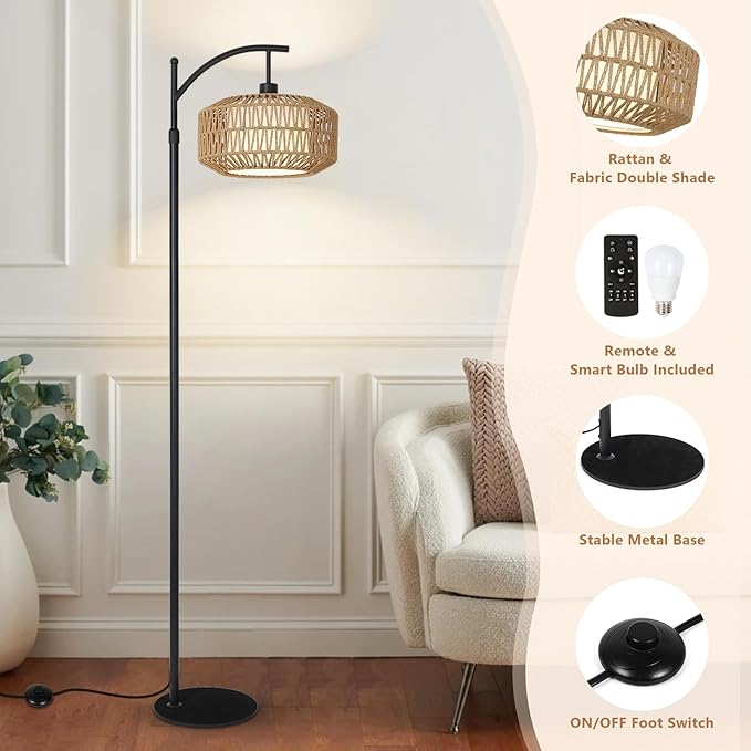 Arc Floor Lamps for Living Room, Dimmable Rattan Floor Lamp with Remote & LED Bulb, Mid Century Modern Standing Lamp with Double Shades, Boho Farmhouse Tall Pole Lamps for Bedroom Office - LeafyLoom