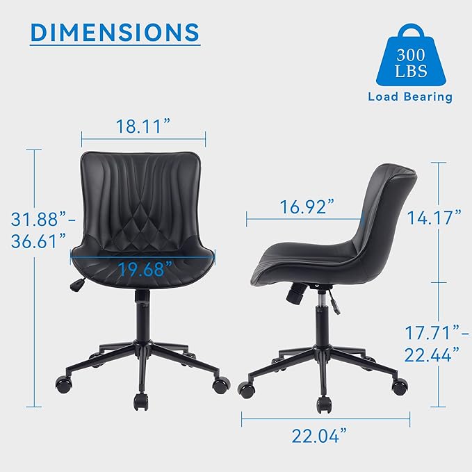 YOUNIKE Office Chair, Armless Desk Chair with Wheels, Home Office Computer Task Chairs, Modern Faux Leather Padded Vanity Chair, Adjustable Swivel Rocking Chair with Back, Black - LeafyLoom