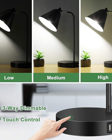 Industrial 3 Way Dimmable Touch Control Desk Lamp with 2 USB Ports & AC Outlet Bedside Nightstand Reading Lamp Flexible Head Farmhouse Black Table Lamp for Office Bedroom Living Room Bulb Included - LeafyLoom