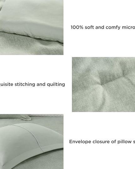 5 Pieces Twin Size Comforter Set with Sheets, Neutral Green Bed in a Bag, Modern Farmhouse Bedding Sets with Comforter, Flat & Fitted Sheet, Pillowcases & Shams - LeafyLoom