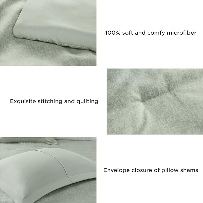 Sage Green King Size Bed in a Bag Comforter Set with Sheets, 7-Piece Modern Farmhouse Bedding, includes Comforter, Flat & Fitted Sheet, 2 Pillowcases & 2 Shams - LeafyLoom