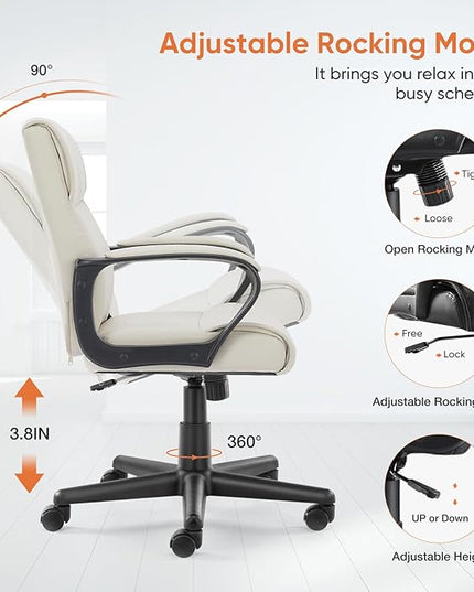 Sweetcrispy Executive Office Chair with Padded Armrests Adjustable Height, 360-Degree Swivel, Lumbar Support, PU Leather, Cream - LeafyLoom