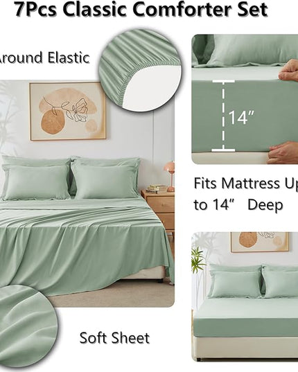 CozyLux Queen Comforter Set with Sheets 7 Pieces Bed in a Bag Sage Green All Season Bedding Sets with Comforter, Pillow Shams, Flat Sheet, Fitted Sheet and Pillowcases - LeafyLoom