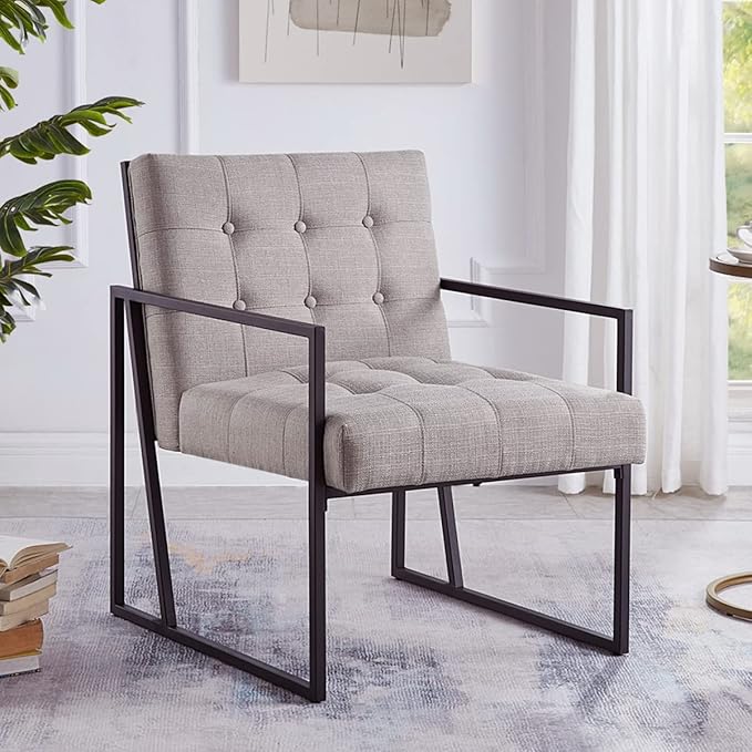 24KF Mid-Century Linen Color Button Tufted Accent Chair with Metal Stand, Decorative Furniture Chairs for Living Room Bedroom - Linen - LeafyLoom