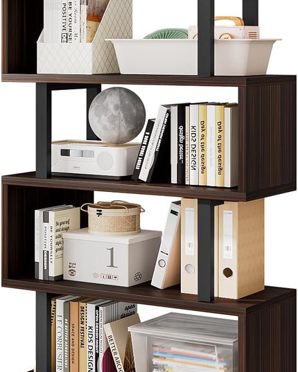 Bookshelf geometric bookcase S Shaped industrial bookshelf Storage Display Stand Shelf for Living Room Bedroom and office Room (Black, 6 Tier) - LeafyLoom