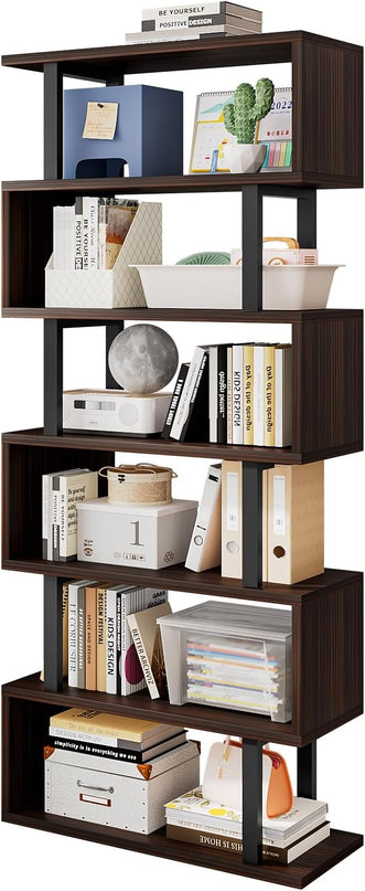 Bookshelf geometric bookcase S Shaped industrial bookshelf Storage Display Stand Shelf for Living Room Bedroom and office Room (Black, 6 Tier) - LeafyLoom