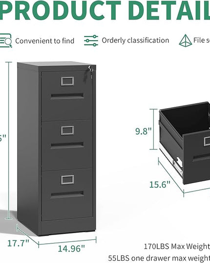 3 Drawer File Cabinet,Metal Filing Cabinets with Lock,Black Vertical File Cabinet for Home Office,Heavy Duty Metal Storage Cabinet for A4/Letter/Legal Size File,Assembly Required - LeafyLoom