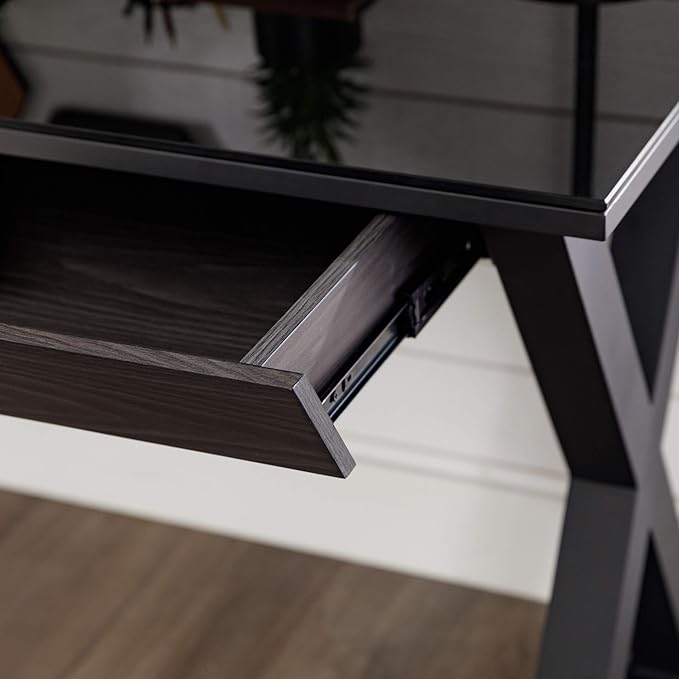 Walker Edison Lawrence Urban Industrial X Leg Glass Top Computer Desk, 48 Inch, Black - LeafyLoom