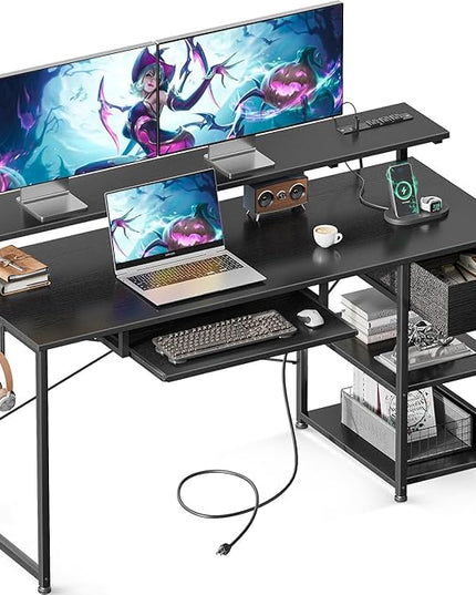 AODK Computer Desk with Keyboard Tray, 55 Inch Gaming Desk with Power Outlet, Office Desk with Drawer, Reversible Desk with Adjustable Monitor Shelf and Storage Shelf for Home, Black - LeafyLoom