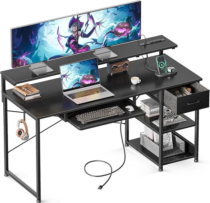 AODK Computer Desk with Keyboard Tray, 55 Inch Gaming Desk with Power Outlet, Office Desk with Drawer, Reversible Desk with Adjustable Monitor Shelf and Storage Shelf for Home, Black - LeafyLoom