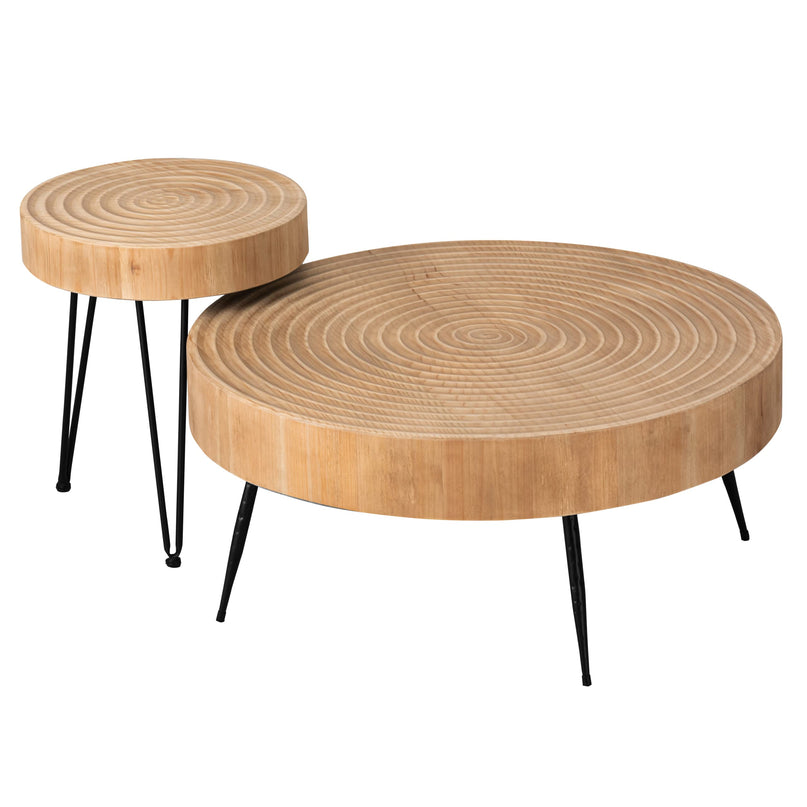 2-Piece Modern Farmhouse Living Room Coffee Table Set, Nesting Table Round Natural Finish with Handcrafted Wood Ring Motif, Wood Colour LeafyLoom