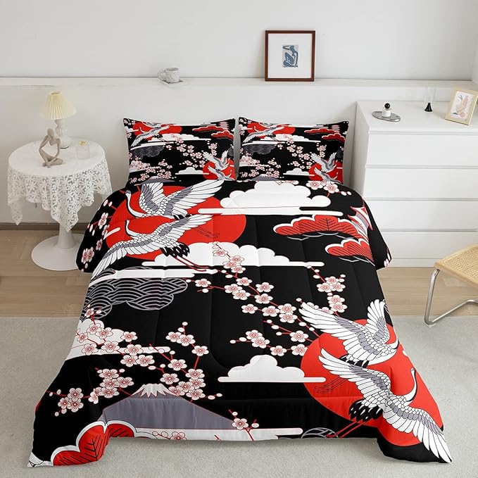 Japanese-Style Comforter Set Queen Size Crane Printed Cherry Blossoms Decor Down Comforter, for Adult Women Girls Teens Japanese Traditional Pattern Quilted Duvet Ukiyoe Theme Bedding Comforter - LeafyLoom