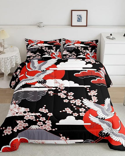 Japanese-Style Comforter Set Full Size Crane Printed Cherry Blossoms Decor Down Comforter, for Adult Women Girls Teens Japanese Traditional Pattern Quilted Duvet Ukiyoe Theme Bedding Comforters - LeafyLoom