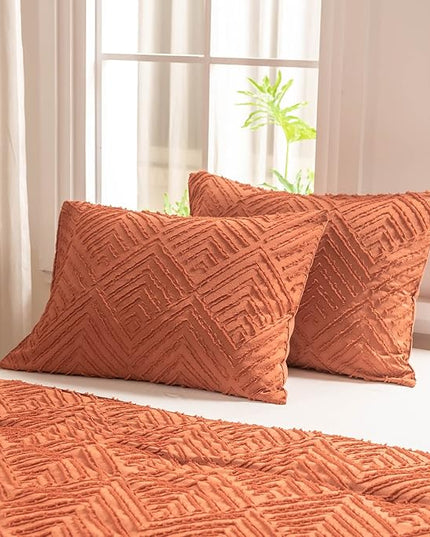 Queen Comforter Set, Tufted Terracotta Comforter Set Queen, Boho Bedding Comforter Sets Extra Fluffy, Ideal for All Seasons 3 Pieces (1 Comforter, 2 Pillowcases) - LeafyLoom