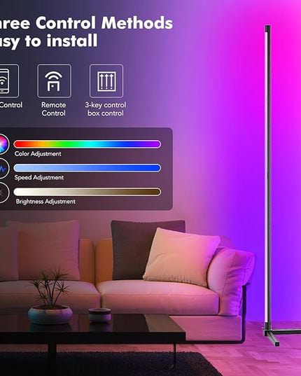 Corner Floor Lamp, 65” LED Smart Modern Music Sync Color Changing RGB Floor Lamp with Remote & App Control for Bedroom, Corner Lamp with 16 Million DIY Modes, Timer Setting for Gaming Room - LeafyLoom