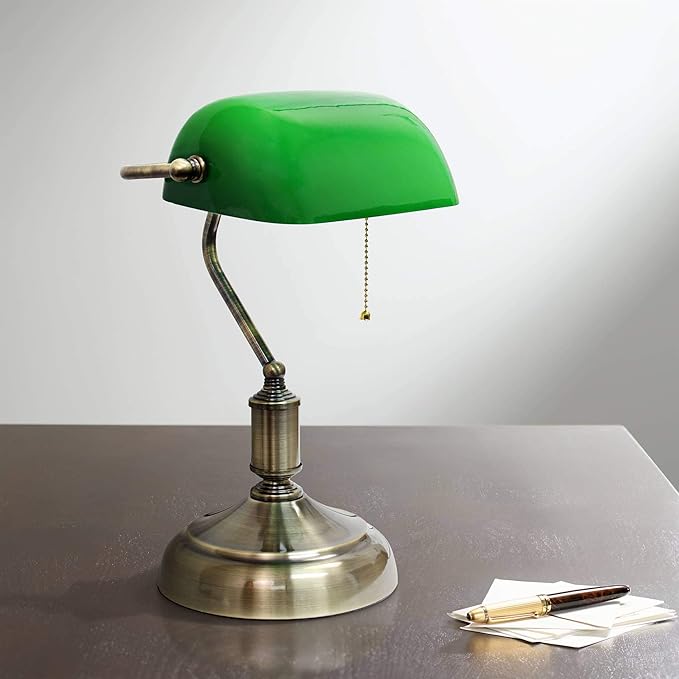 Simple Designs LT3216-GRN Executive Banker's Desk Lamp with Glass Shade, Green - LeafyLoom