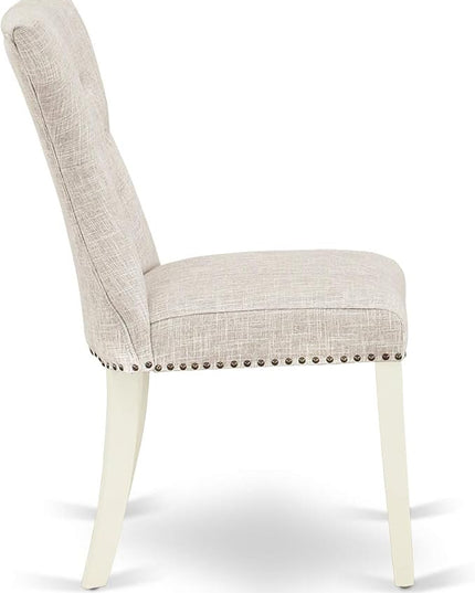 East West Furniture DMGA5-LWH-35 5 Piece Modern Dining Table Set Includes a Round Wooden Table with Dropleaf and 4 Doeskin Linen Fabric Parsons Dining Chairs, 42x42 Inch, Linen White - LeafyLoom