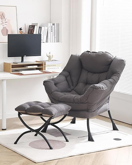 Lazy Chair with Ottoman, Modern Chair with Folding Footrest, Lounge Accent Chair, Comfortable Reading Chair, Oversized Armchairs for Bedroom, Study, Living Room, Courtyard (Dark Grey) - LeafyLoom