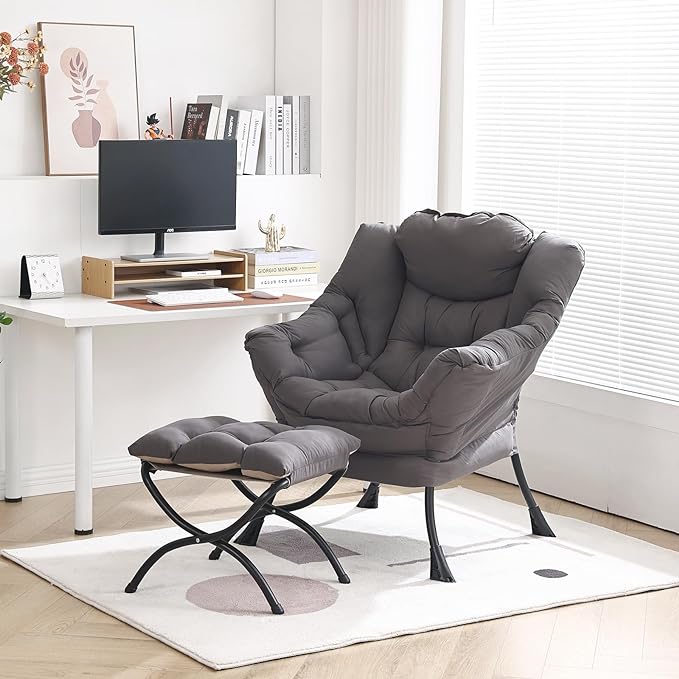 Lazy Chair with Ottoman, Modern Chair with Folding Footrest, Lounge Accent Chair, Comfortable Reading Chair, Oversized Armchairs for Bedroom, Study, Living Room, Courtyard (Dark Grey) - LeafyLoom