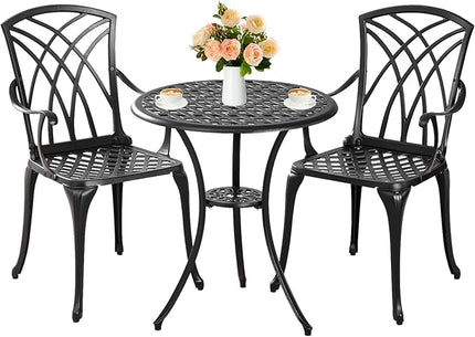 Outdoor 3 Piece Bistro Set Cast Aluminum Bistro Table and Chairs Set of 2, All Weather Bistro Patio Set, Patio Furniture for Garden Black - LeafyLoom