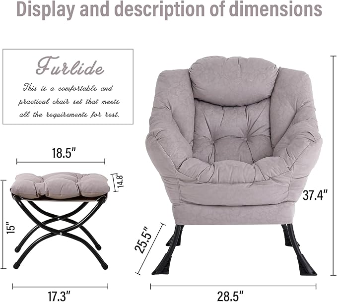 Lazy Chair with Ottoman, Modern Chair with Folding Footrest, Lounge Accent Chair, Comfortable Reading Chair, Oversized Armchairs for Bedroom, Study, Living Room, Courtyard (Light Grey) - LeafyLoom