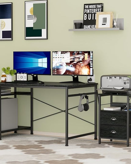 Furologee Nightstand Set of 2, Black Oak, with Charging Station and USB Ports, Side Tables with 2 Fabric Drawers, Bedside Tables with Storage Shelf & Hooks, for Living Room/Bedroom - LeafyLoom