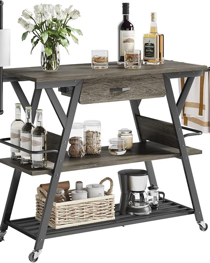Bestier Coffee Bar Station, Kitchen Island Cart with Storage, Coffee Cart with Drawer, Paper Towel Holder and Lockable Wheels, Bar Table for Dinning Room Living Room, Gray - LeafyLoom