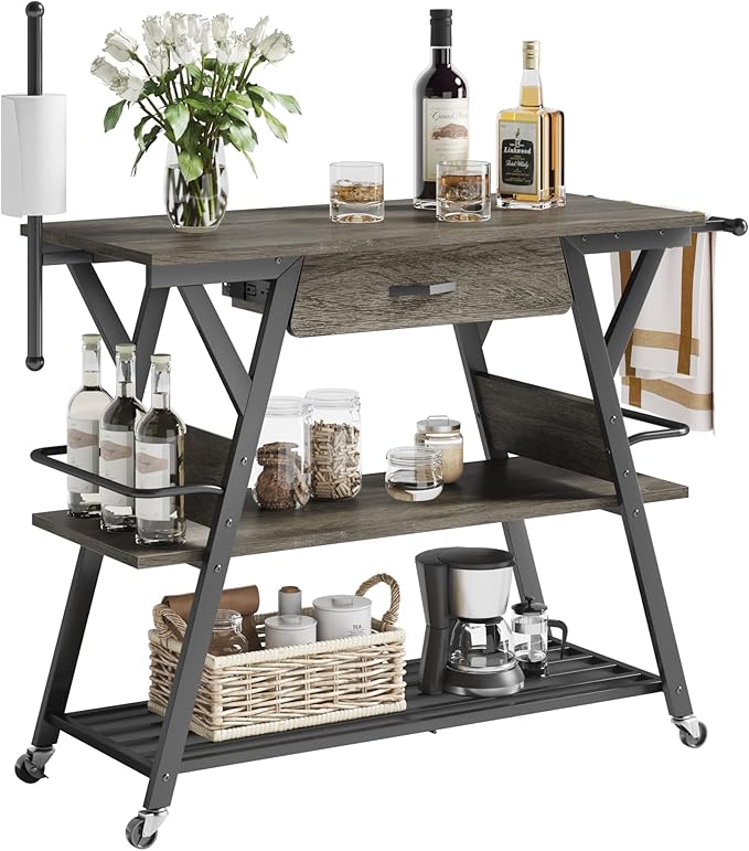 Bestier Coffee Bar Station, Kitchen Island Cart with Storage, Coffee Cart with Drawer, Paper Towel Holder and Lockable Wheels, Bar Table for Dinning Room Living Room, Gray - LeafyLoom