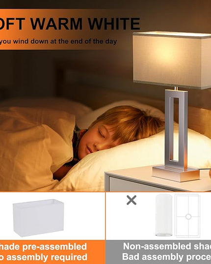 Nightstand Table Lamps for Bedrooms Set of 2 - Touch Bedside Lamp with USB C+A, 3 Way Dimmable Living Room Lamps for End Tables Set of 2, Modern Night Stand Lamps for Bed Side(Grey&Silver) - LeafyLoom