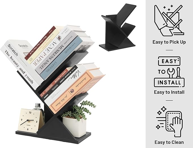 Labcosi 2 Tier Tree Bookshelf, Small Bookshelf for Storing Books/CDs, Wood Book Organizer Shelves for Home Office, Bedroom, Living Room, Black - LeafyLoom