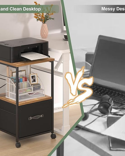 VECELO File Cabinet, Rolling Printer Stand with Large Fabric Drawer, Storage Cabinet Fits Letter Size, Ideal for Small Spaces, Apartments and Bedroom, Easy to Install, Brown+Black,2 Set - LeafyLoom