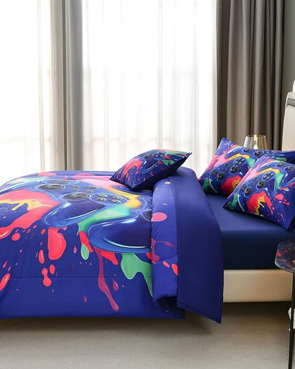Gamer Comforter Set for Boys Kids, 6 Pcs Bed in a Bag Game Controller Boys Bediing Set Twin Size for All Season - LeafyLoom