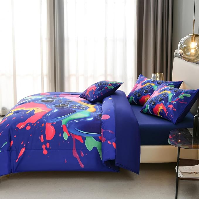 Gamer Comforter Set for Boys Kids, 6 Pcs Bed in a Bag Game Controller Boys Bediing Set Twin Size for All Season - LeafyLoom