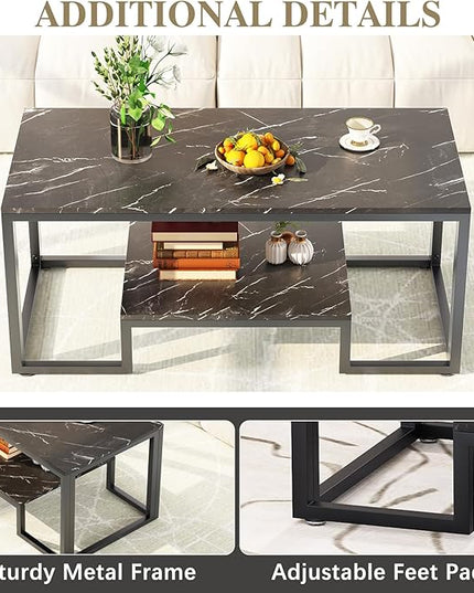 Coffee Table Black Table for Living Room,2 Tiers Rectangle Center Table with Sturdy Metal Frame,Modern Black Faux Marble Coffee Table for Bedroom Home Office - LeafyLoom
