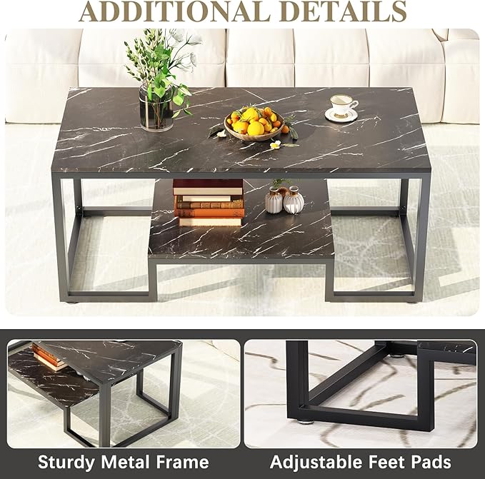 Coffee Table Black Table for Living Room,2 Tiers Rectangle Center Table with Sturdy Metal Frame,Modern Black Faux Marble Coffee Table for Bedroom Home Office - LeafyLoom