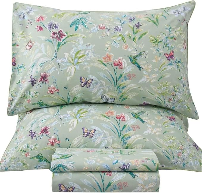 QSH 100% Cotton Sheets for Split King Size Bed, Pattern Botanical Luxury Cotton Printed Floral Bedding Sheets Soft and Breathable 5pcs Deep Pocket Queen Sheet Set - LeafyLoom