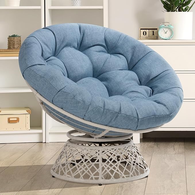 Bme 40" Ergonomic Wicker Papasan Chair with Soft Thick Density Fabric Cushion, High Capacity Steel Frame, 360 Degree Swivel for Living, Bedroom, Reading Room, Lounge, Serene Oasis - White Base - LeafyLoom