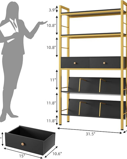 Bookshelf with Drawers-31.5'' Widen Industrial Book Shelf with Bookend,5-Tiers Tall Storage Shelves, Steel Frame Display Rack, Suitable for Bedroom, Office, Living Room-27'' Depth Black - LeafyLoom