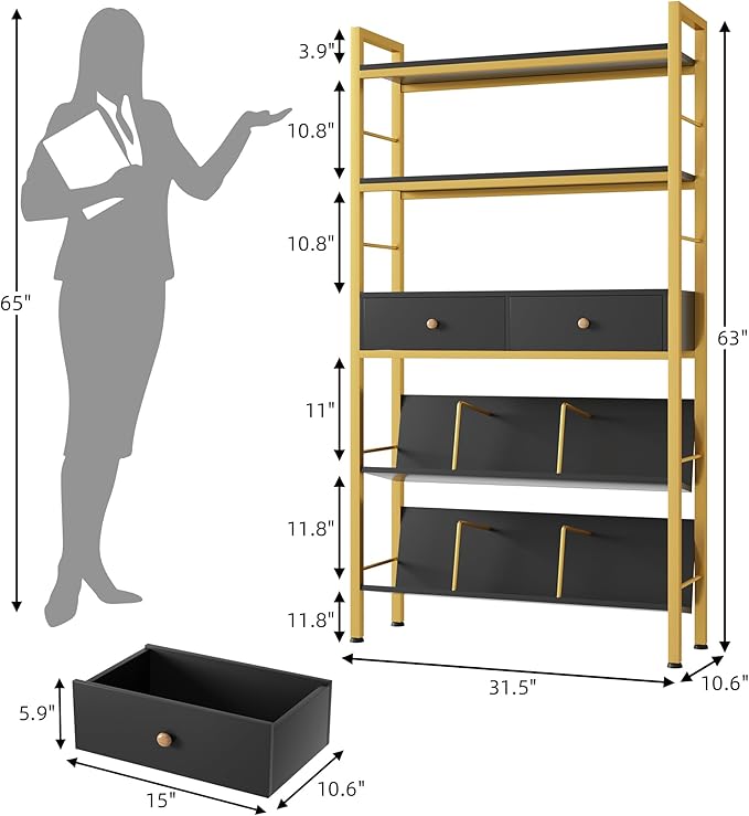 Bookshelf with Drawers-31.5'' Widen Industrial Book Shelf with Bookend,5-Tiers Tall Storage Shelves, Steel Frame Display Rack, Suitable for Bedroom, Office, Living Room-27'' Depth Black - LeafyLoom