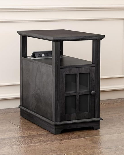 HIFYOBRO Narrow End Table with Flip Top Charging Station and Storage Cabinet, Type-C & USB port & Power outlets, Adjustable Shelf, Side Table with Storage for Living Room and Bedroom - LeafyLoom
