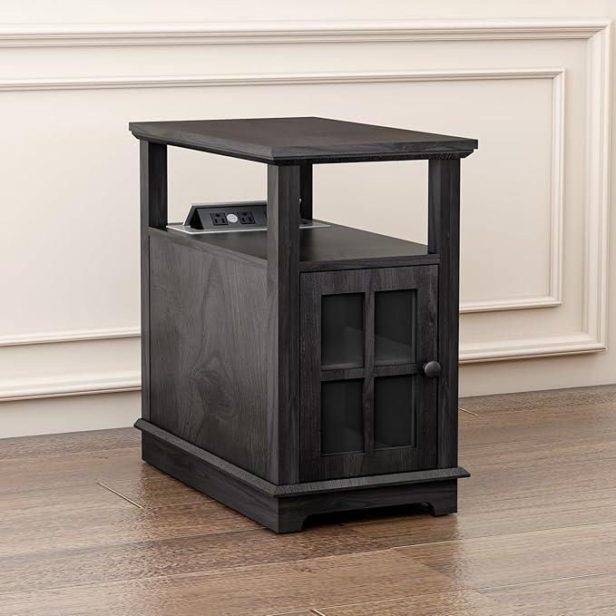 HIFYOBRO Narrow End Table with Flip Top Charging Station and Storage Cabinet, Type-C & USB port & Power outlets, Adjustable Shelf, Side Table with Storage for Living Room and Bedroom - LeafyLoom
