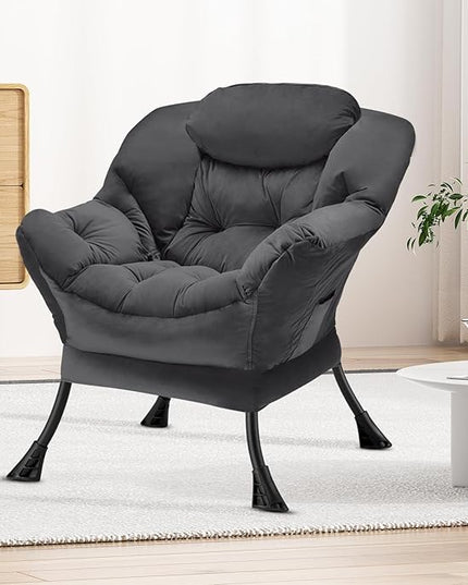 Fabric Lazy Chair Large Accent Chair,Velvet Frabic Modern Lounge Reading Chair with Armrests & Side Pocket,Upholstered Armchair for Living Room,Bedroom,Dorm,Dark Grey - LeafyLoom