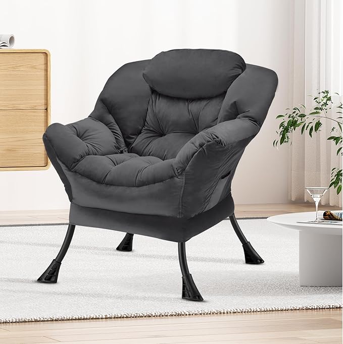 Fabric Lazy Chair Large Accent Chair,Velvet Frabic Modern Lounge Reading Chair with Armrests & Side Pocket,Upholstered Armchair for Living Room,Bedroom,Dorm,Dark Grey - LeafyLoom