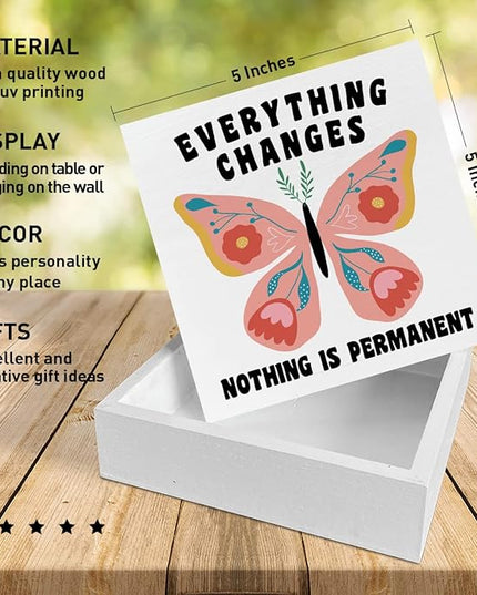 Home Office Desk Wooden Box Sign Decor, Everything Changes Nothing Is Permanent, Inspirational Quotes Desk Decor Motivational Desk Decorations for Women Girls Teens Student Office Classroom School - LeafyLoom