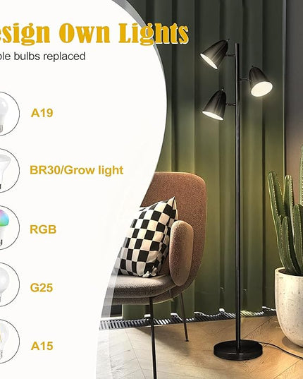 Qimh Tree Floor Lamp with 3 Light Bulbs, Standing Tall Pole Lamps for Living Room Bedroom Office, Reading Stand up Lamps with 3 Adjustable Arms, Black - LeafyLoom