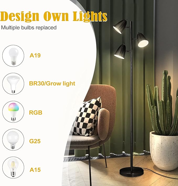 Qimh Tree Floor Lamp with 3 Light Bulbs, Standing Tall Pole Lamps for Living Room Bedroom Office, Reading Stand up Lamps with 3 Adjustable Arms, Black - LeafyLoom
