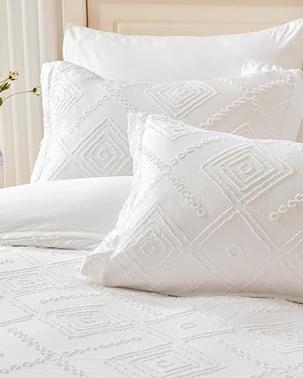 EMME King Comforter Set - 7 Pcs White Boho Comforter Set, Tufted King Size Bedding Sets with Sheets, Shabby Chic Embroidery Bed Set Fluffy Bed Bag for All Season(102"X90") - LeafyLoom